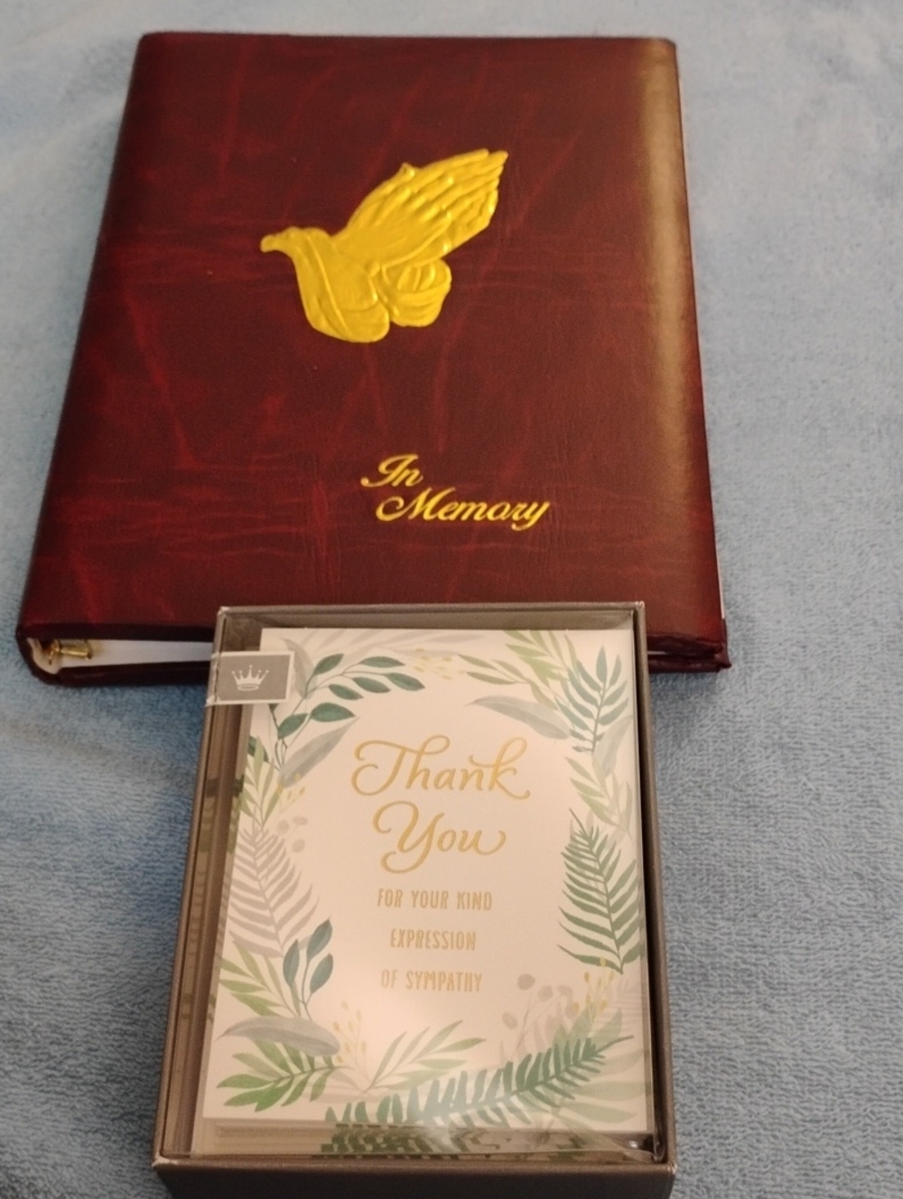 Memorial Sympathy Guest Book with Gold Dove & Thank You Cards